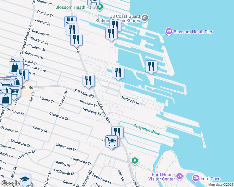 map of restaurants, bars, coffee shops, grocery stores, and more near 332 Riviera Drive in St. Clair Shores