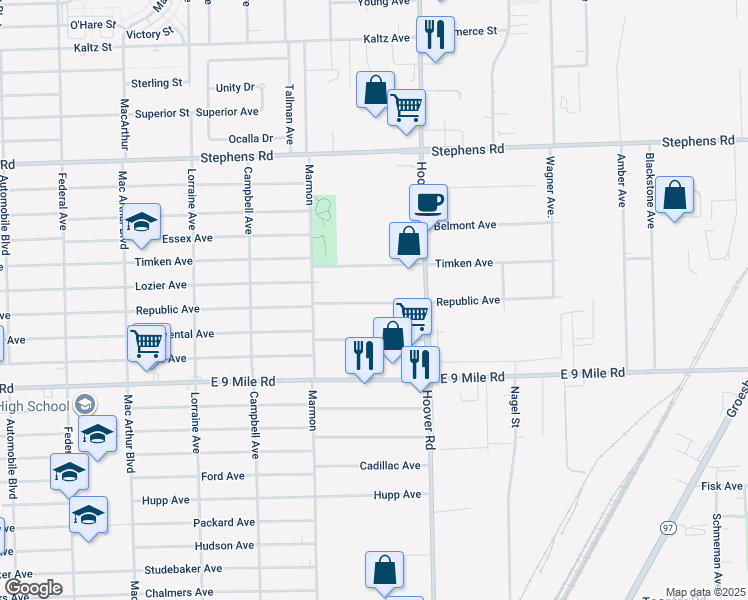 map of restaurants, bars, coffee shops, grocery stores, and more near 11451 Republic Avenue in Warren