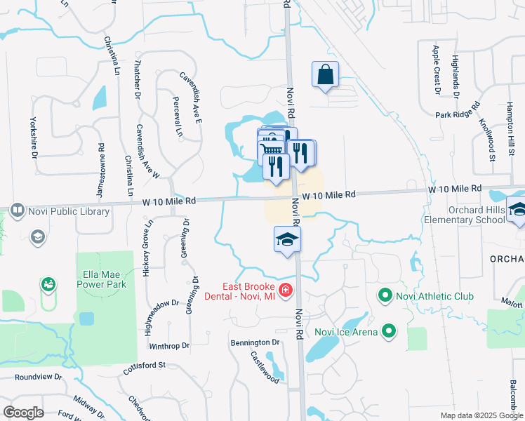 map of restaurants, bars, coffee shops, grocery stores, and more near 43450 West 10 Mile Road in Novi