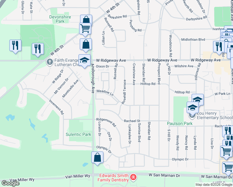 map of restaurants, bars, coffee shops, grocery stores, and more near 791 Russell Road in Waterloo