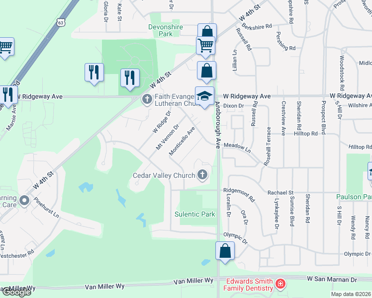 map of restaurants, bars, coffee shops, grocery stores, and more near 3331 Monticello Ave in Waterloo
