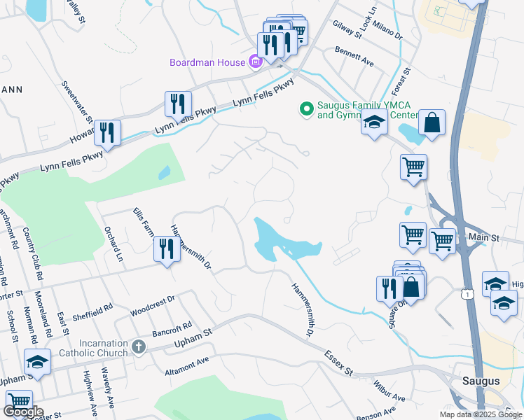 map of restaurants, bars, coffee shops, grocery stores, and more near 10 Blacksmith Way in Saugus