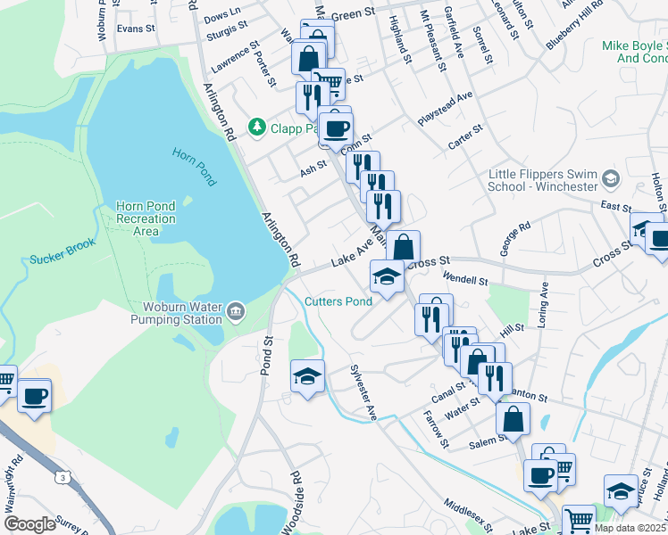 map of restaurants, bars, coffee shops, grocery stores, and more near 23 Lake Avenue in Woburn