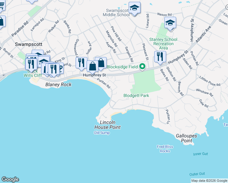 map of restaurants, bars, coffee shops, grocery stores, and more near 55 Sculpin Way in Swampscott