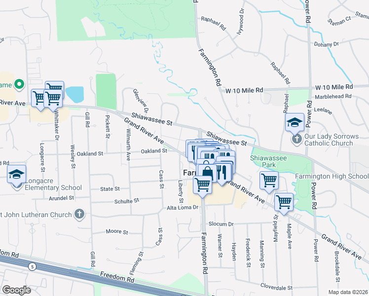 map of restaurants, bars, coffee shops, grocery stores, and more near 33428 Adams Street in Farmington