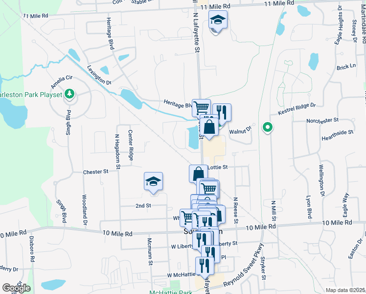 map of restaurants, bars, coffee shops, grocery stores, and more near 517 Old Pond Street in South Lyon