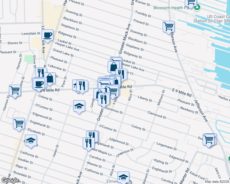 map of restaurants, bars, coffee shops, grocery stores, and more near in St. Clair Shores