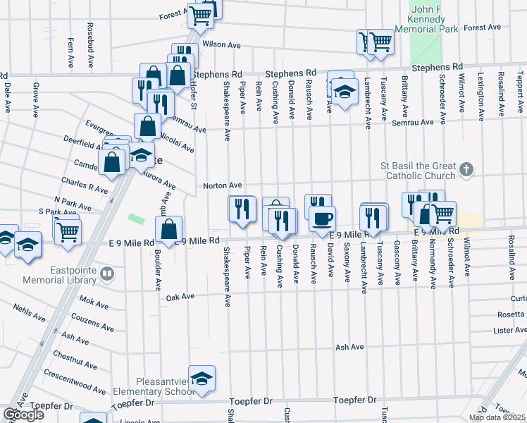 map of restaurants, bars, coffee shops, grocery stores, and more near 22809 Cushing Avenue in Eastpointe