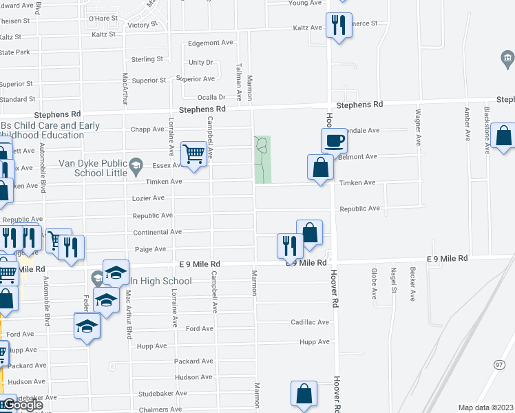 map of restaurants, bars, coffee shops, grocery stores, and more near 11375 Republic Avenue in Warren