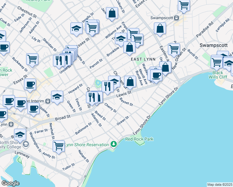 map of restaurants, bars, coffee shops, grocery stores, and more near 123 Lewis Street in Lynn