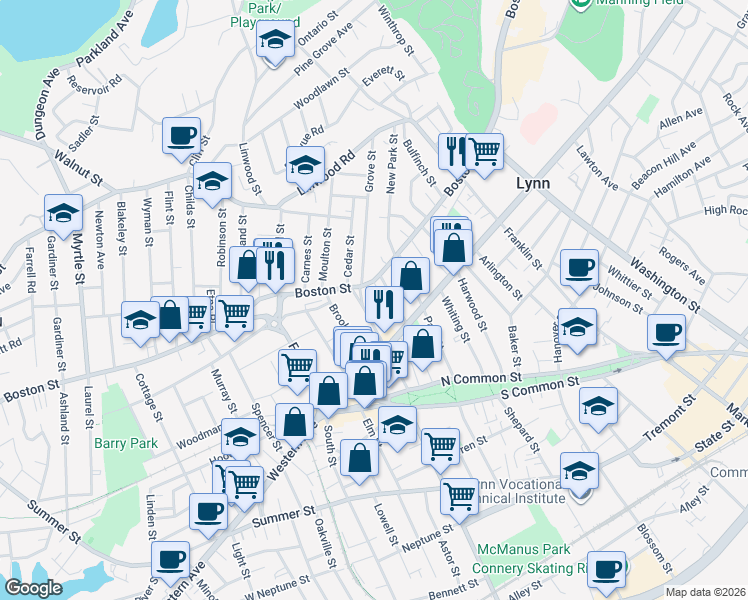 map of restaurants, bars, coffee shops, grocery stores, and more near 344 Barrett Court in Lynn