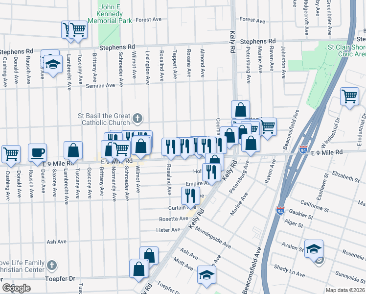 map of restaurants, bars, coffee shops, grocery stores, and more near 22781 Teppert Avenue in Eastpointe
