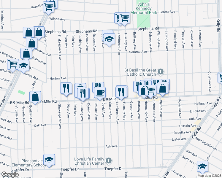 map of restaurants, bars, coffee shops, grocery stores, and more near 22803 Saxony Avenue in Eastpointe