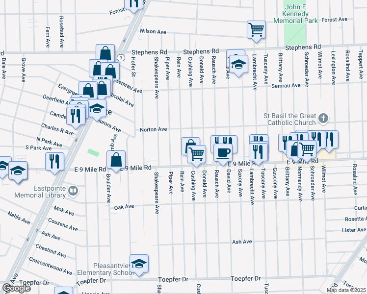map of restaurants, bars, coffee shops, grocery stores, and more near 22782 Rein Avenue in Eastpointe