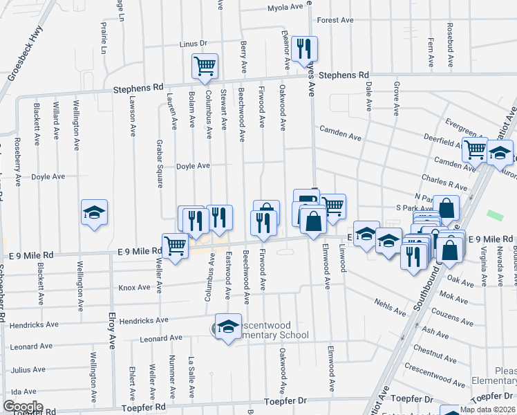 map of restaurants, bars, coffee shops, grocery stores, and more near 22807 Firwood Avenue in Eastpointe