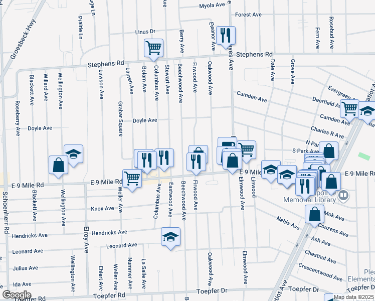 map of restaurants, bars, coffee shops, grocery stores, and more near 22810 Beechwood Avenue in Eastpointe