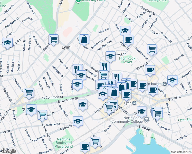 map of restaurants, bars, coffee shops, grocery stores, and more near 197 Washington Street in Lynn