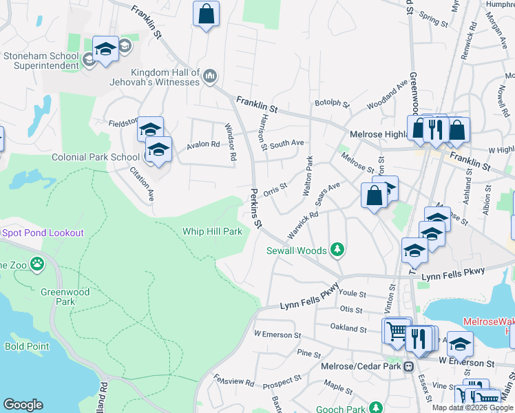 map of restaurants, bars, coffee shops, grocery stores, and more near 158 Orris Street in Stoneham
