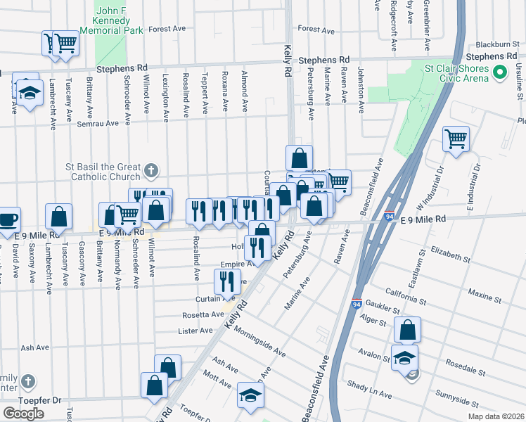 map of restaurants, bars, coffee shops, grocery stores, and more near 22739 Courtland Avenue in Eastpointe