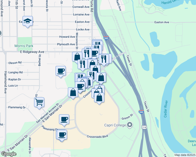 map of restaurants, bars, coffee shops, grocery stores, and more near 1600-1934 E San Marnan Dr in Waterloo
