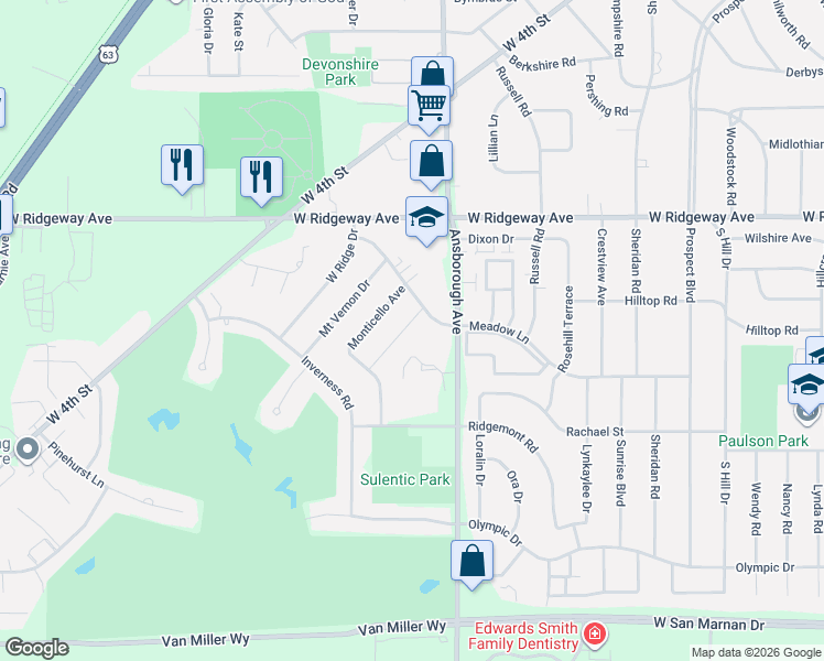 map of restaurants, bars, coffee shops, grocery stores, and more near 1225 Meadow Lane in Waterloo
