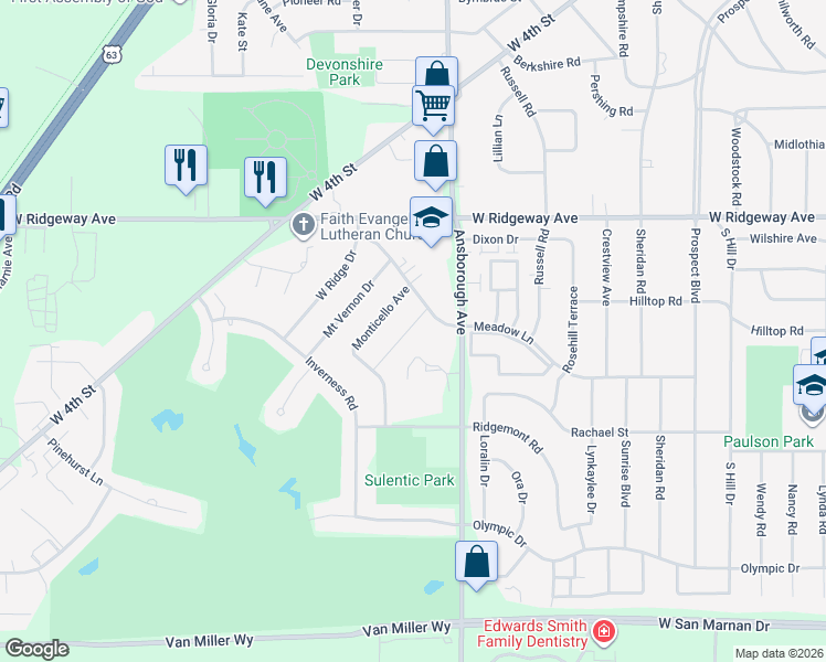 map of restaurants, bars, coffee shops, grocery stores, and more near 1225 Meadow Lane in Waterloo