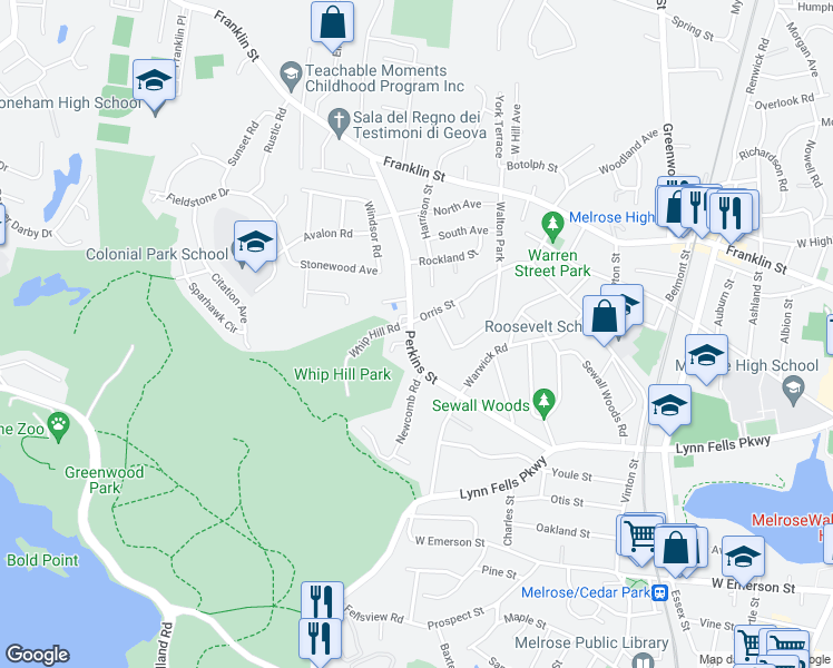 map of restaurants, bars, coffee shops, grocery stores, and more near 76 Perkins Street in Stoneham