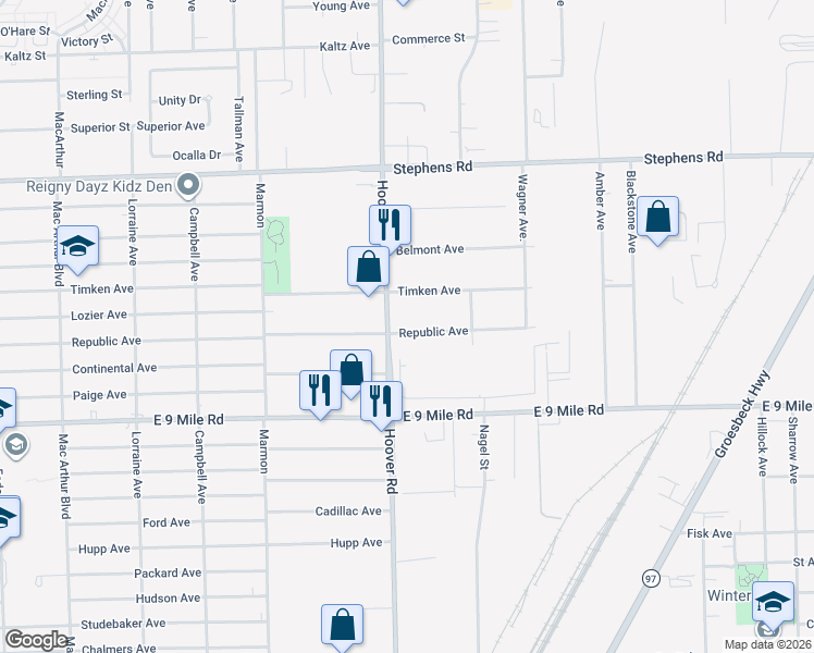 map of restaurants, bars, coffee shops, grocery stores, and more near 23400 Hoover Road in Warren