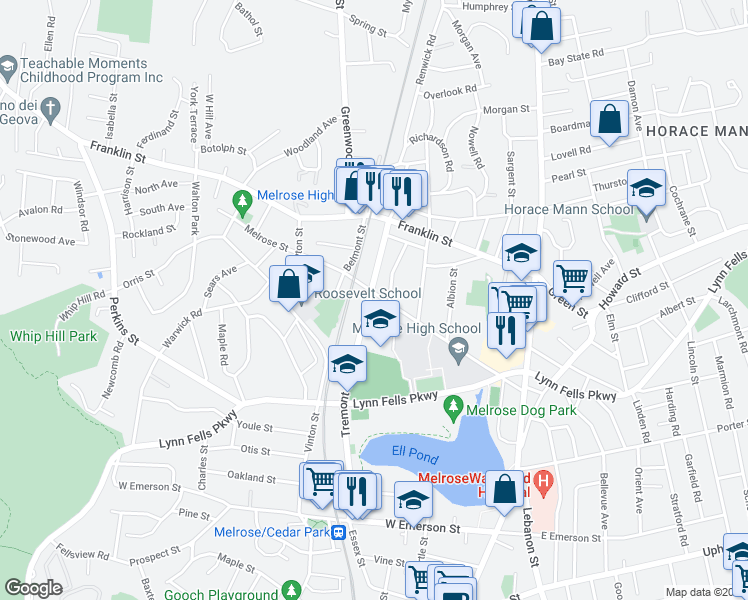map of restaurants, bars, coffee shops, grocery stores, and more near 148 Melrose Street in Melrose