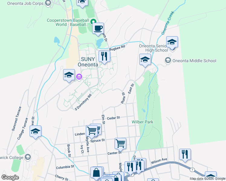 map of restaurants, bars, coffee shops, grocery stores, and more near State Street in Oneonta