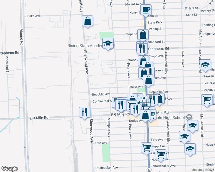 map of restaurants, bars, coffee shops, grocery stores, and more near 6893 Lozier Avenue in Warren