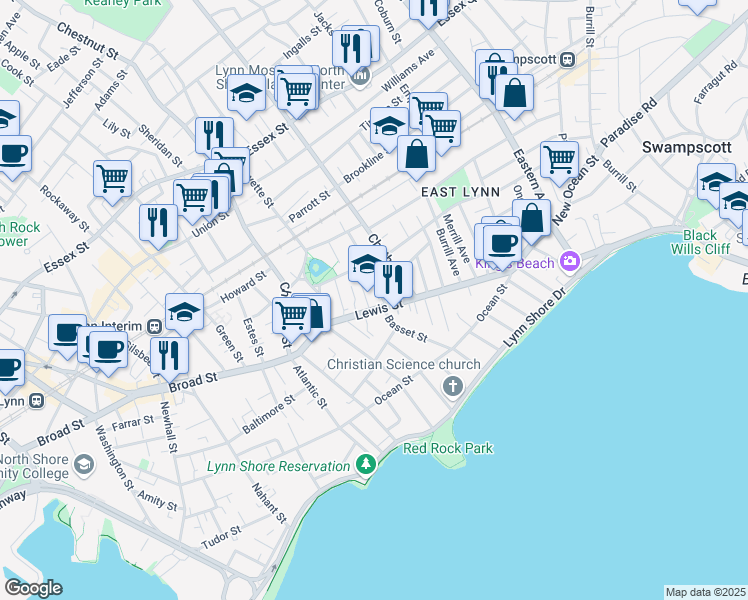 map of restaurants, bars, coffee shops, grocery stores, and more near 123 Lewis Street in Lynn