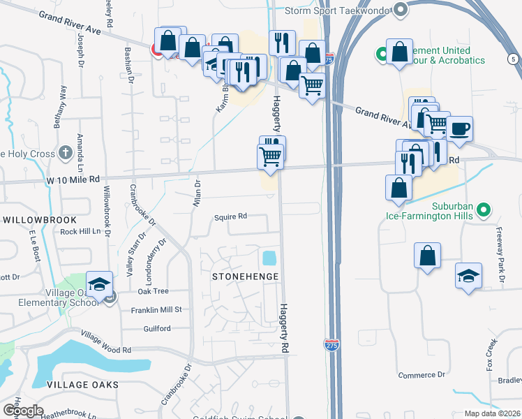 map of restaurants, bars, coffee shops, grocery stores, and more near 39437 Burton Drive in Novi