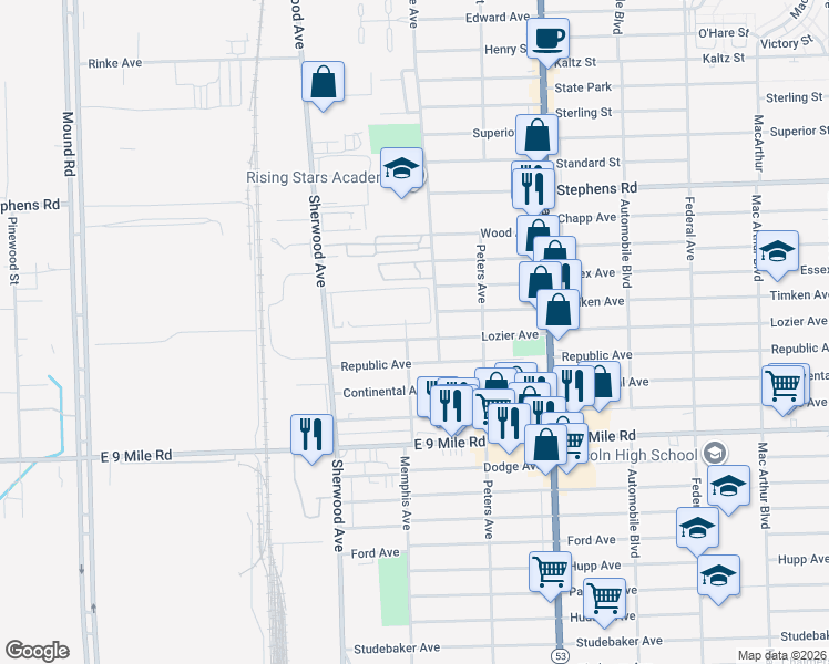 map of restaurants, bars, coffee shops, grocery stores, and more near 6893 Lozier Avenue in Warren