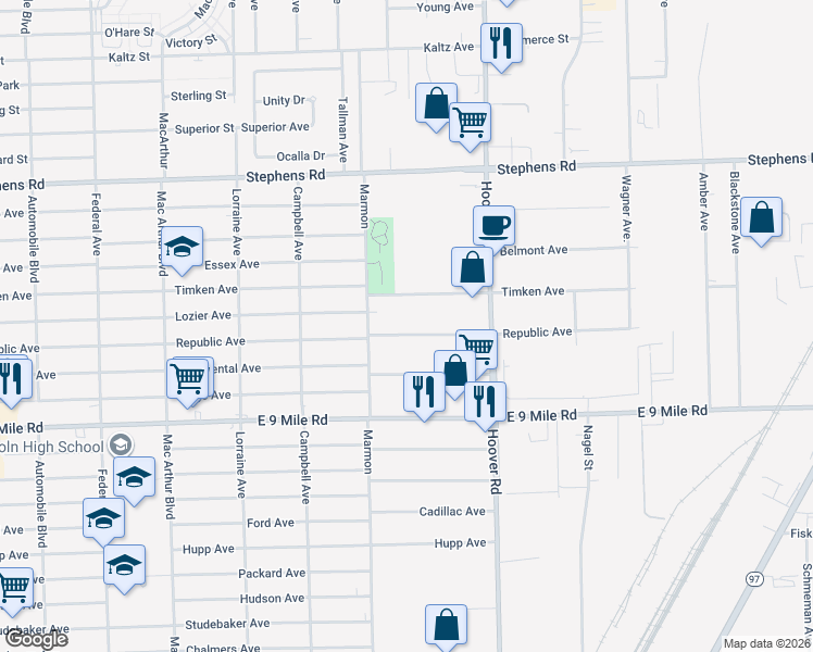 map of restaurants, bars, coffee shops, grocery stores, and more near 11451 Republic Avenue in Warren