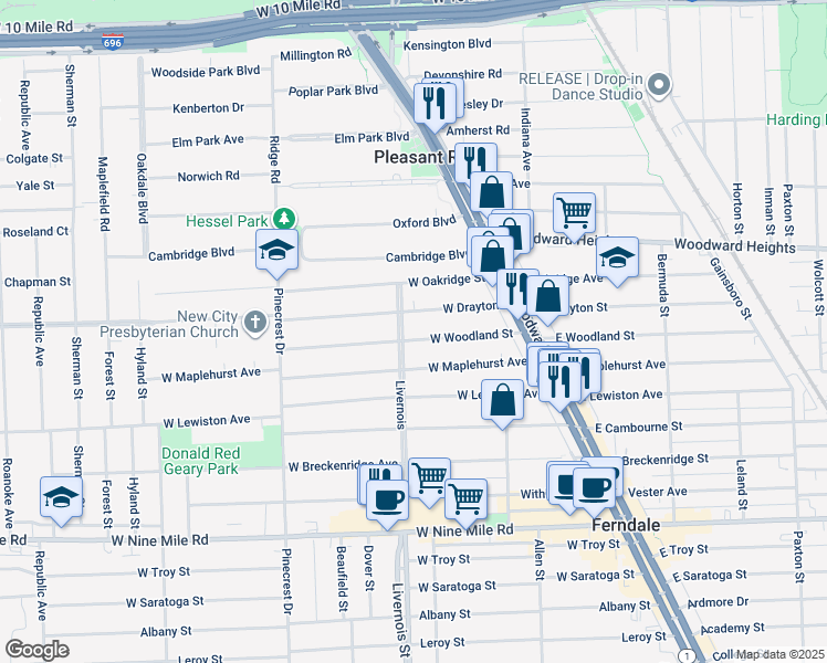 map of restaurants, bars, coffee shops, grocery stores, and more near 419 West Drayton in Ferndale