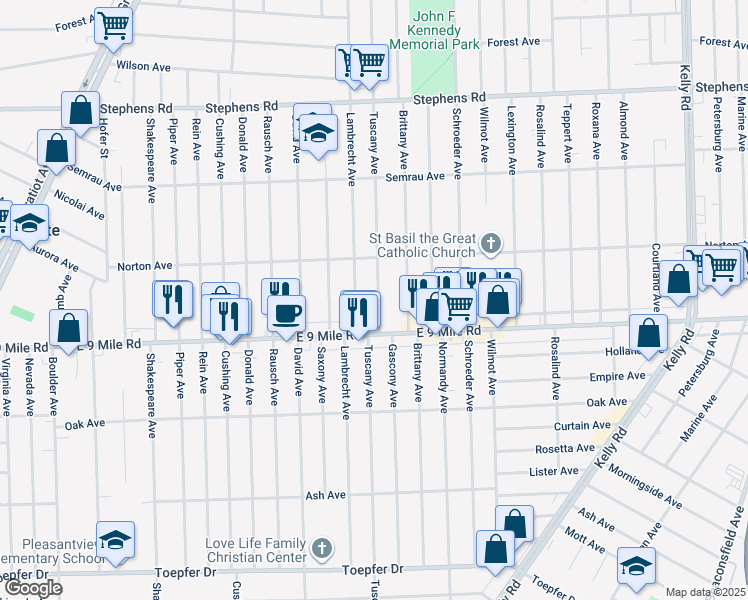 map of restaurants, bars, coffee shops, grocery stores, and more near 22775 Tuscany Avenue in Eastpointe