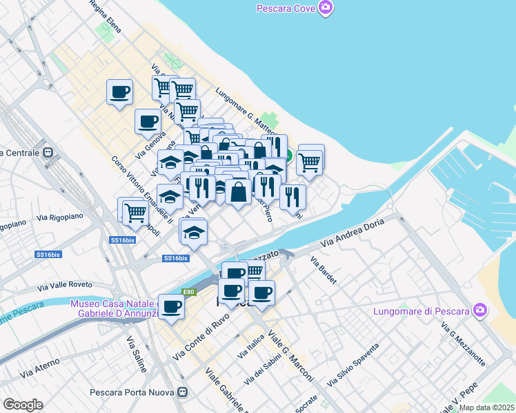 map of restaurants, bars, coffee shops, grocery stores, and more near 124 Via Piero Gobetti in Pescara