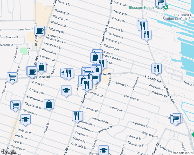 map of restaurants, bars, coffee shops, grocery stores, and more near 23521 9 Mack Drive in St. Clair Shores
