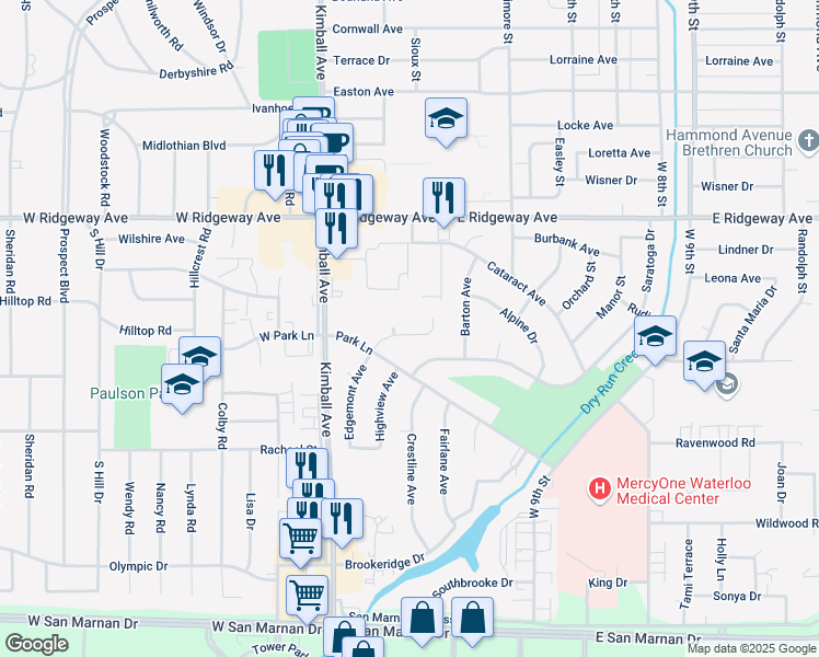 map of restaurants, bars, coffee shops, grocery stores, and more near 2534 Edgemont Avenue in Waterloo
