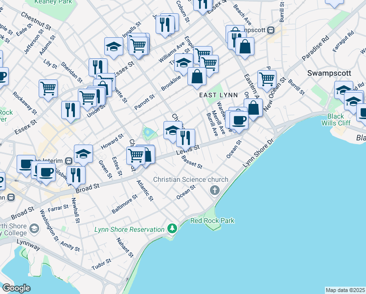 map of restaurants, bars, coffee shops, grocery stores, and more near 119 Lewis Street in Lynn