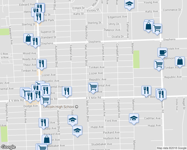 map of restaurants, bars, coffee shops, grocery stores, and more near 8646 Lozier Avenue in Warren