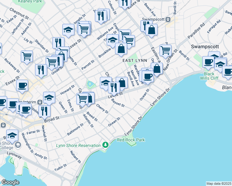 map of restaurants, bars, coffee shops, grocery stores, and more near 11 Autumn Street in Lynn