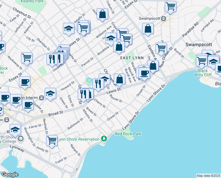 map of restaurants, bars, coffee shops, grocery stores, and more near 11 Autumn Street in Lynn