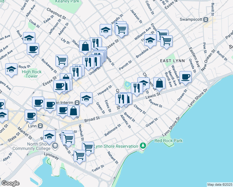 map of restaurants, bars, coffee shops, grocery stores, and more near 64 Chestnut Street in Lynn