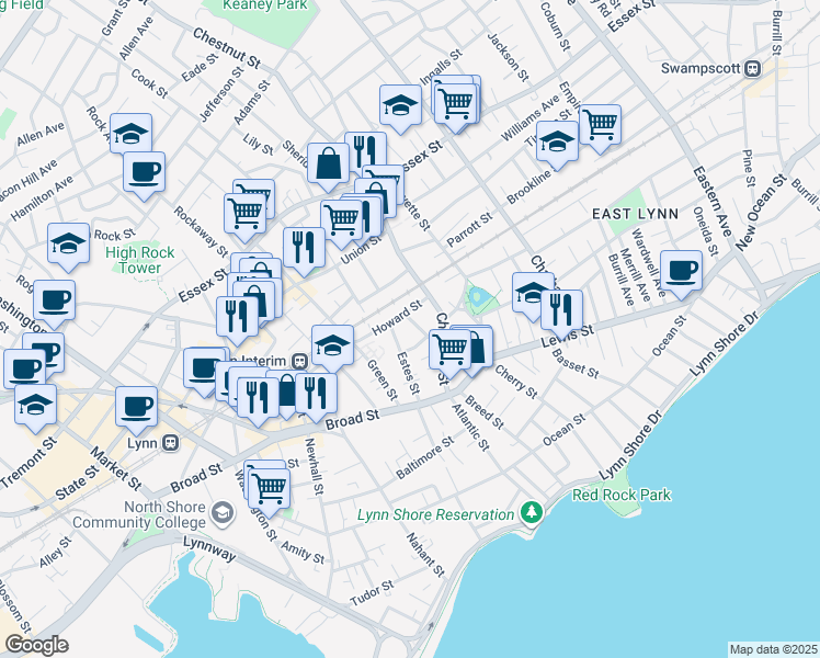 map of restaurants, bars, coffee shops, grocery stores, and more near 32 Howard Street in Lynn