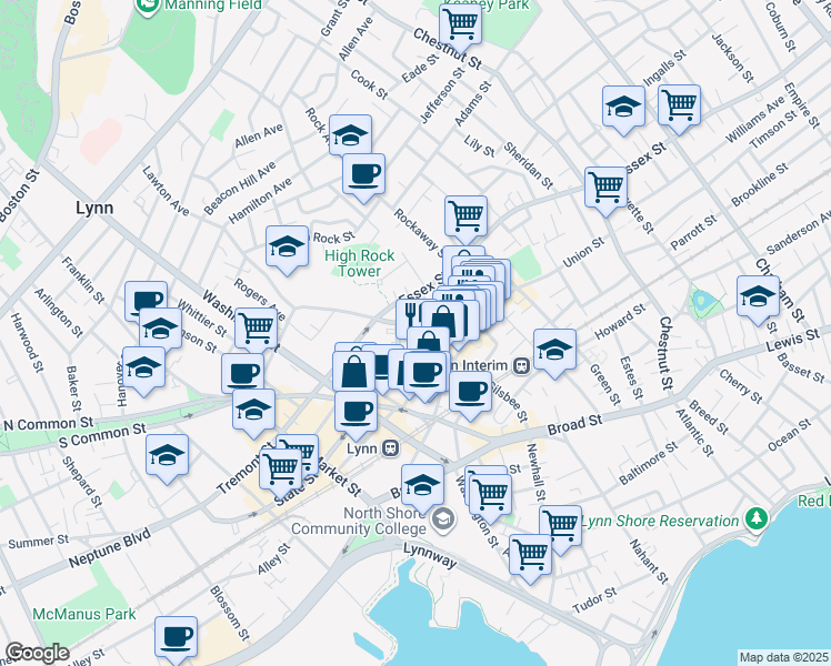 map of restaurants, bars, coffee shops, grocery stores, and more near 15 High Street in Lynn