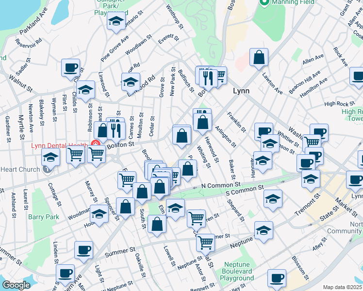 map of restaurants, bars, coffee shops, grocery stores, and more near 81 Park Street in Lynn