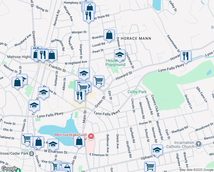 map of restaurants, bars, coffee shops, grocery stores, and more near 33 Howard Street in Melrose