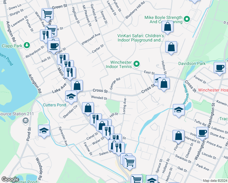 map of restaurants, bars, coffee shops, grocery stores, and more near 60 Charles Road in Winchester